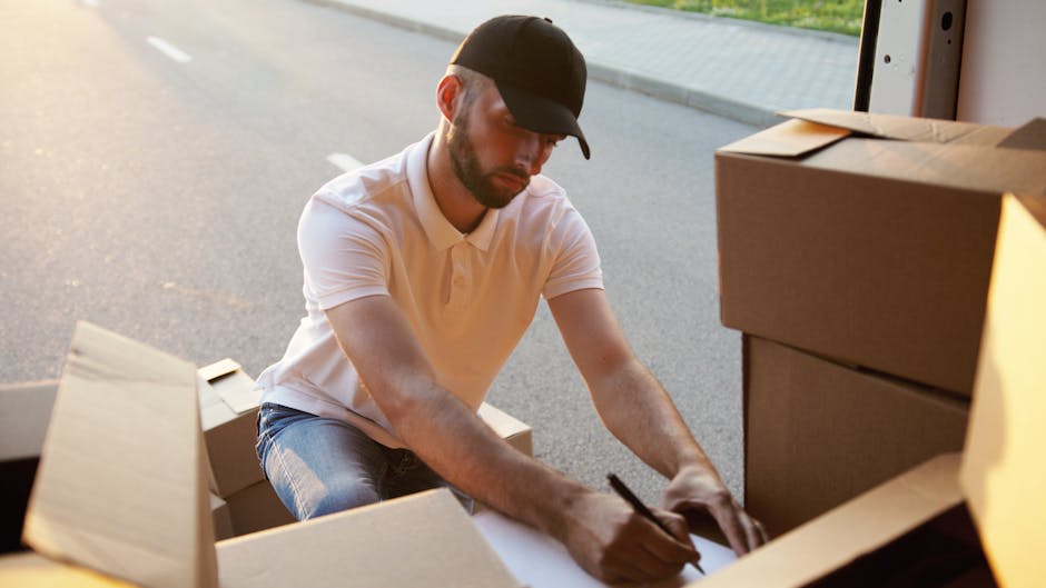 A man wearing a white polo shirt and a black cap is kneeling on the pavement outside a property, surrounded by cardboard moving boxes of various sizes, some open and partially packed. He is in the process of packing or labeling a box, using a black marker held in his right hand. The scene takes place near a doorway, with natural daylight illuminating the area, and on the ground next to him are additional boxes ready for home relocation or furniture transport. The background shows the street pavement and the edge of the building, emphasizing the loading process involved in professional house removals, with the staff member from Ilford Man and Van assisting with packing and moving logistics.